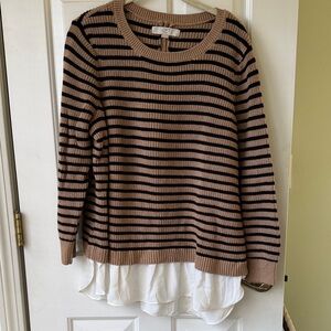 LOFT Brown and Black Striped Sweater with Layered Hem
